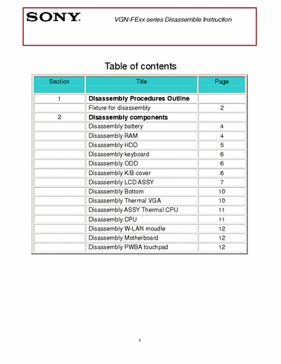 Sony VGN-FExxx VGN-FExxx Series Diassemble Instruction