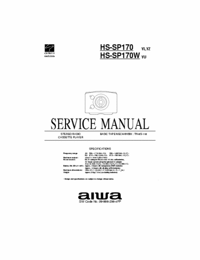 Aiwa HS-SP170 (W) Service Manual - FM Tape Player - TN-8S-118 - Type YL, YZ, YU - pag. 10