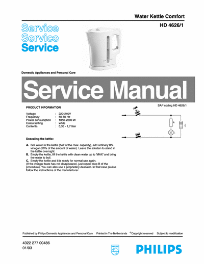 Philips HD 4626/1 Service Manual Water Kettle Comfort 2200W - pag. 2