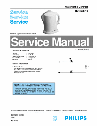 Philips HD 4638/10 Service Manual Waterkettle Comfort 2200W (00/03) - pag. 2