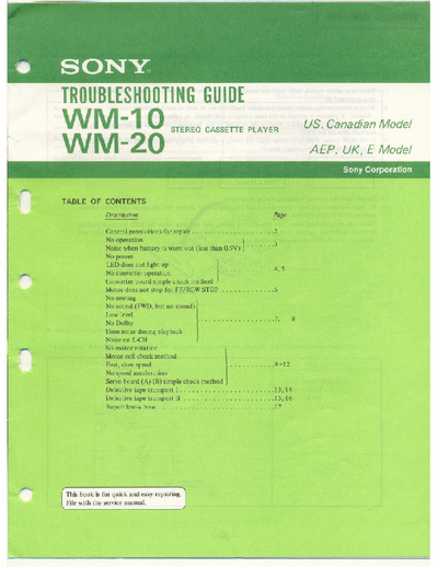 Sony WM-10 WM-20 Service Manual for Sony Stereo Cassette Player (Walkman) WM-10 WM-20.
