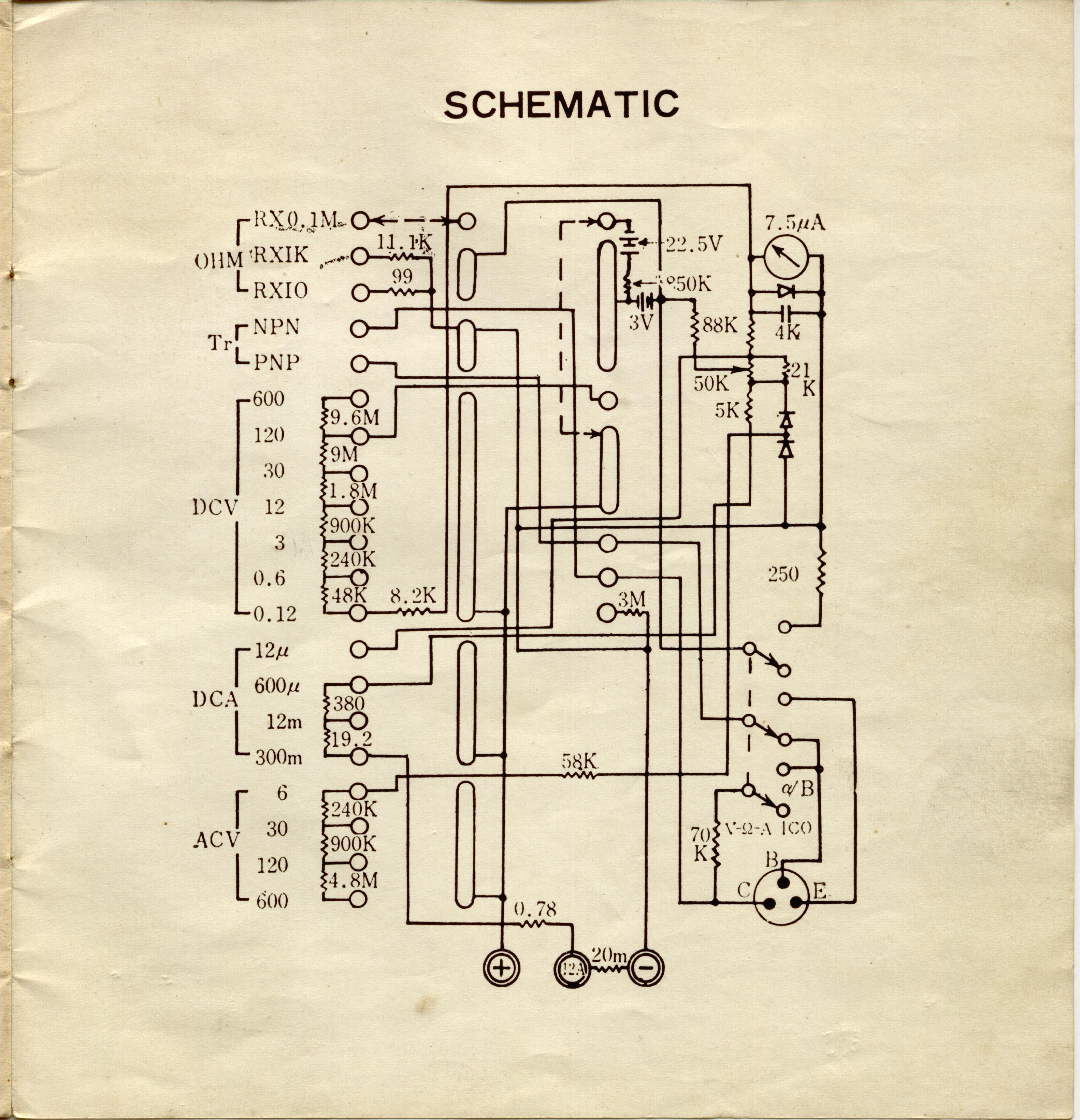 Hansen S-100 Tr User manual and schematic diagram. Analog multimeter Hansen model S-100 Tr and model S-100 Tr-H. Japan.