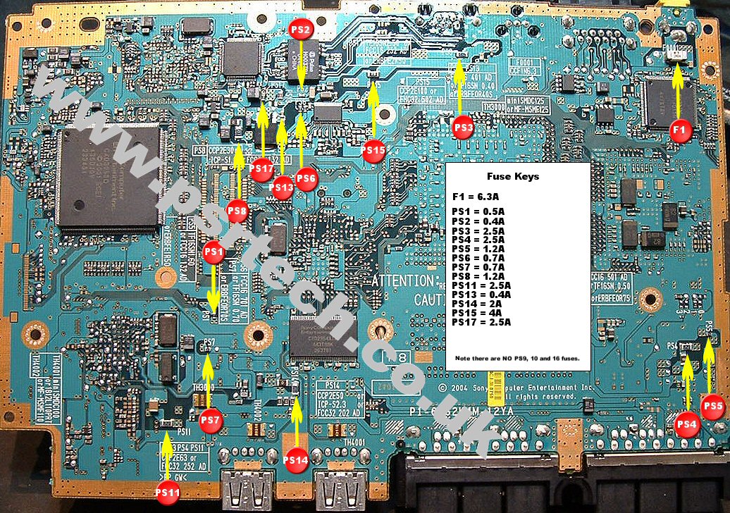playstation 2 v12 placa com as posições dos fusiveis
