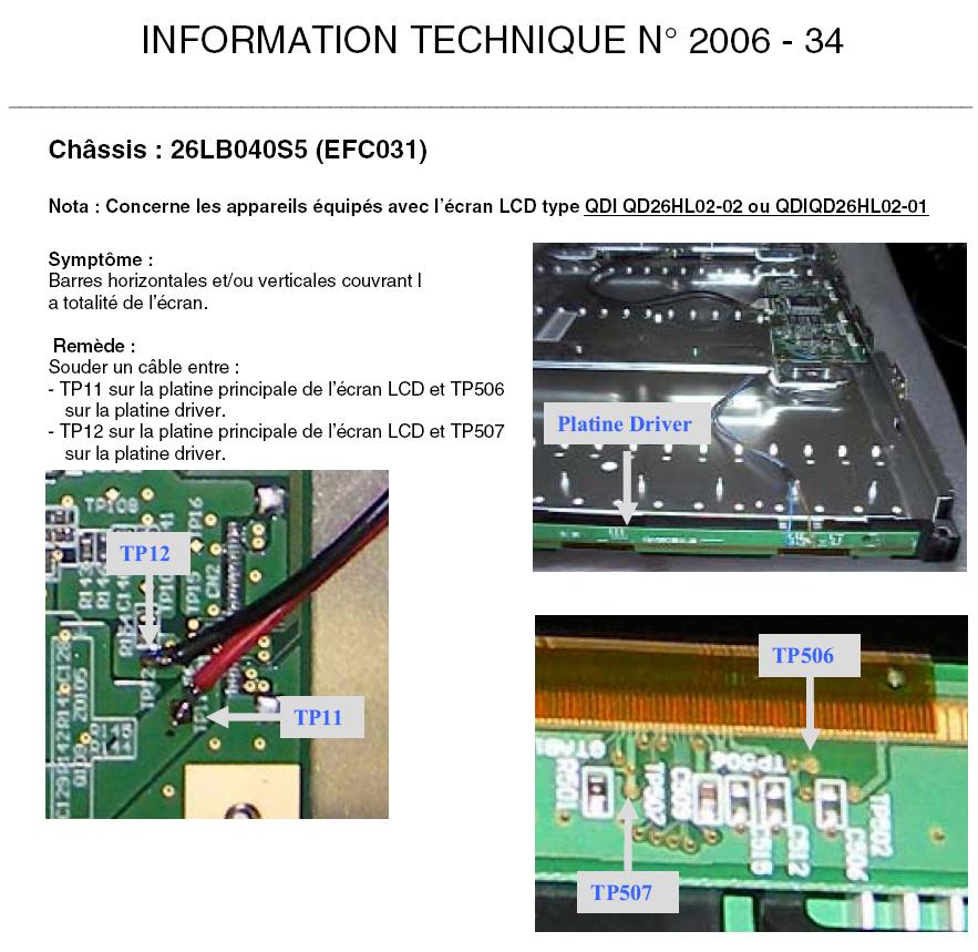 Thomson 26LB040S5 Bulletin (Information Technique 2006-34) for fixing stripes and blue discoloration on LCD panel QD26HL02, which was als used in Philips 26PF3320.