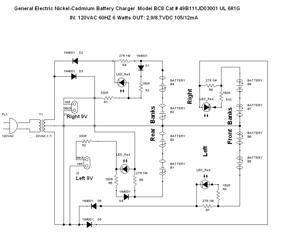 General Electric BC8 General Electric 8 bay Nickel Cadmium Battery Charger with two 9 volt charging jacks. This is the schematic.