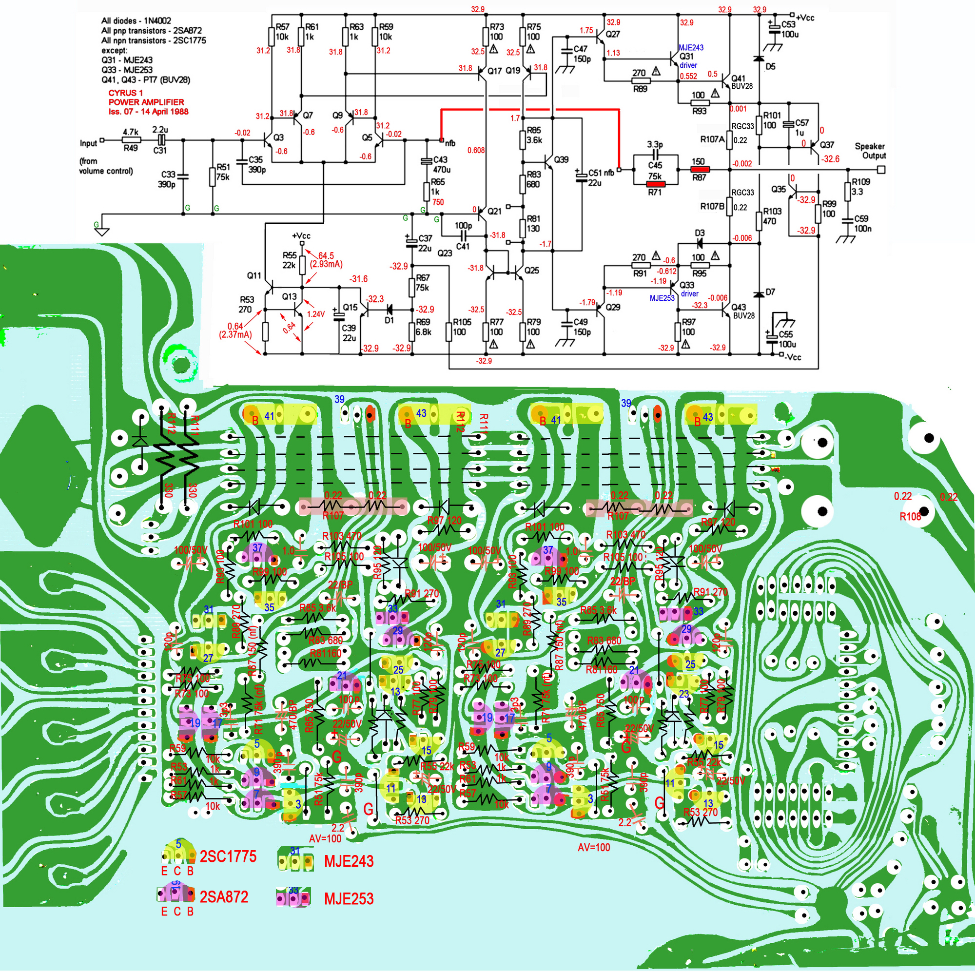 Mission Cyrus Cyrus 1 Cyrus 1 power amplifier section PCB and circuit and normal voltages