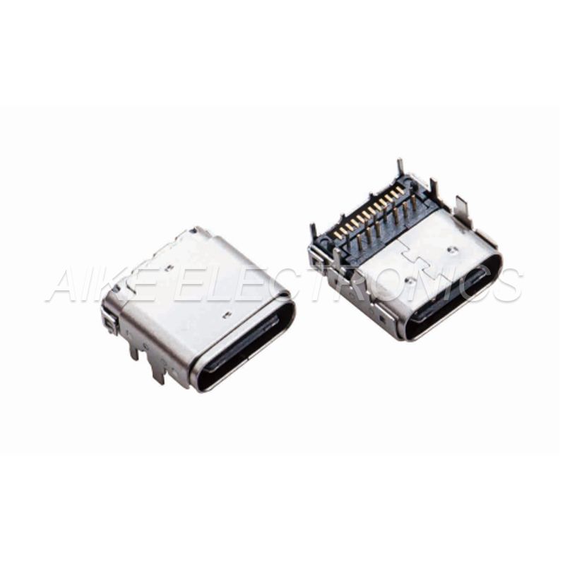 Dongguan AIKE Electronics Co.Ltd Type C 3.1 Gen2, 24PIN, right angle, Contacts with DIP and SMT type Type C 3.1 Gen2, 24PIN, right angle, Contacts with DIP and SMT type
Connectors Type c
Type c Connectors
With the continued success of the USB interface, there exists a need to adapt USB technology to serve newer computing platforms and devices as they trend toward smaller, thinner and lighter form-factors. This Connector is USB Version 3.1 2nd Gen connectors with one row SMT and one row DIP contacts and through hole shielded tabs. AIKE 10Gbps connectors offer 100VAC rated voltage and up to 3A current rating (VBUS Pins, GND Pins). This USB Connectors Type C 3.1 Gen 2 series is a top mount connector featuring a -30C to +85C operating temperature range.

Specifications
Type c Conn Type	Type C 3.1 Gen2, 24PIN, right angle, Contacts with DIP and SMT type, through holes legs
Contact No.	24
Materials	For housing can be PBT, LCP, PA6T, PA9T and so on
For shell can be SPCC, Copper and so on.
Both are depands on custoer request
Colour	Blue or Black or Green or Customized Color
Plating	For Shell, Ni and Tin Plating
For Contact, Au, Ni, and Tin Plating
Plating Thickness	For Shell, 50U