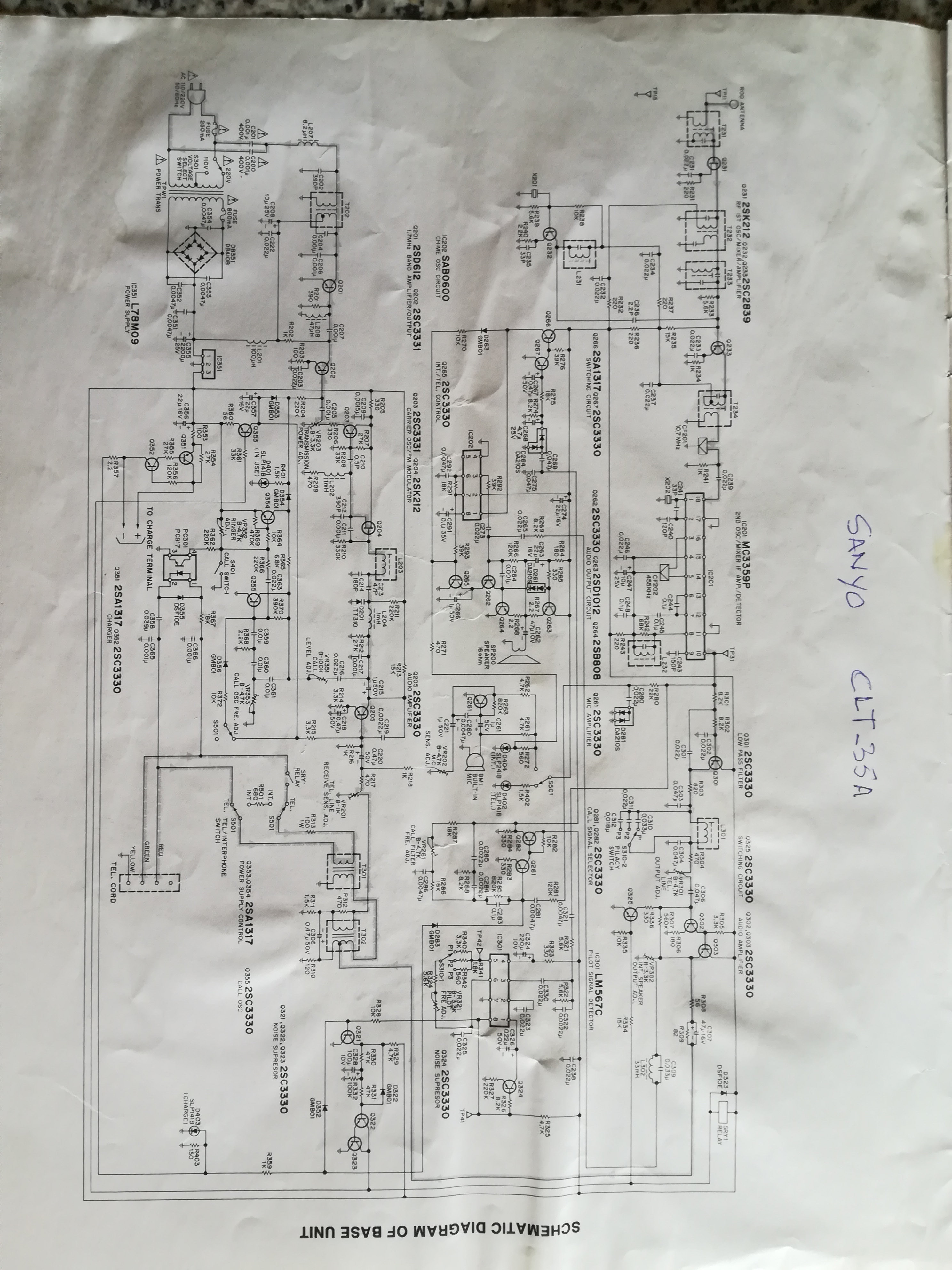 Sanyo CLT35A Esquema circuito electrónico de Base de Teléfono portátil.