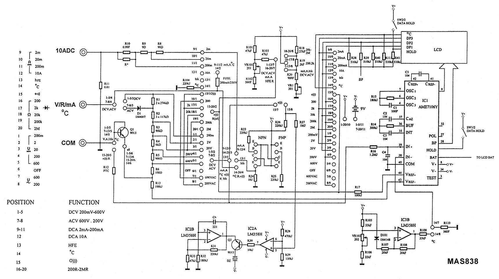 Mastech 838 Multimeter schematics