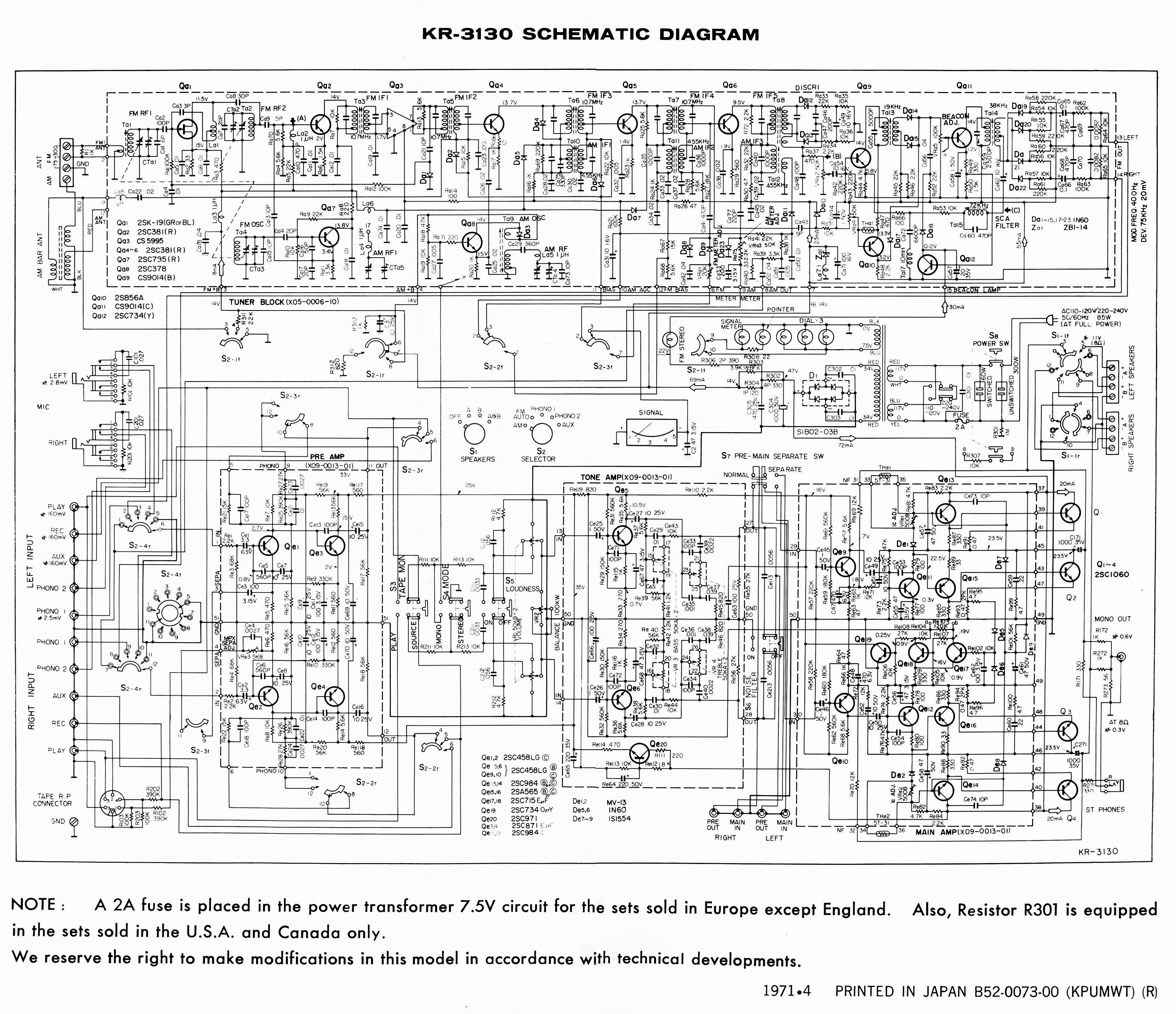 Kenwood KR-3130 Kenwood Receiver KR-3130, Y.1971
Schematic Diagram