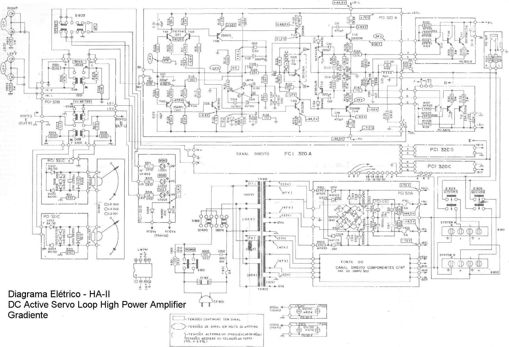 Gradiente AH-II Schematic diagram or Diagrama esquemático.
DC Active Servo Loop High Power Amplifier.
