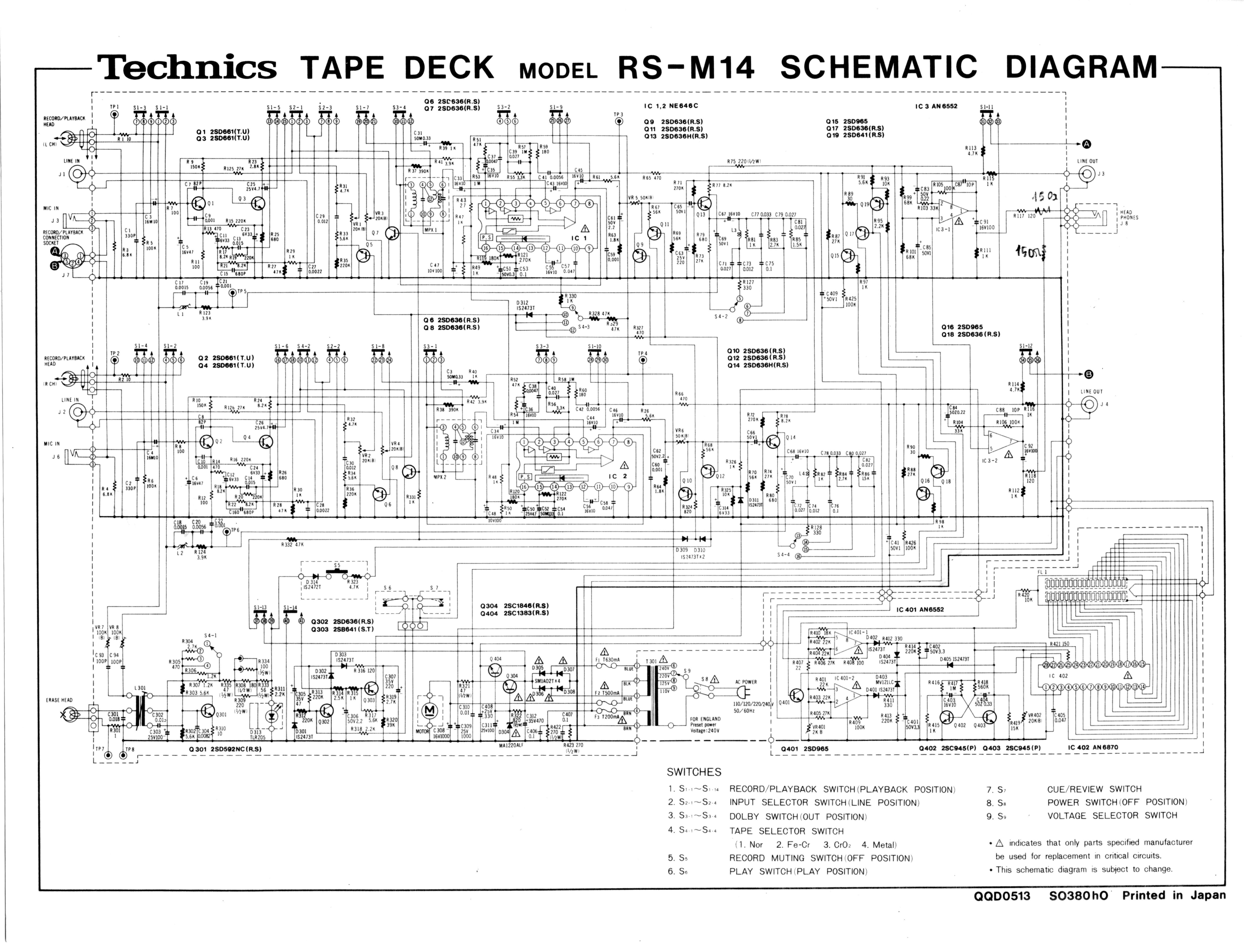 Technics RS-M14 Schematic Diagram of tape deck Technics RS-M14