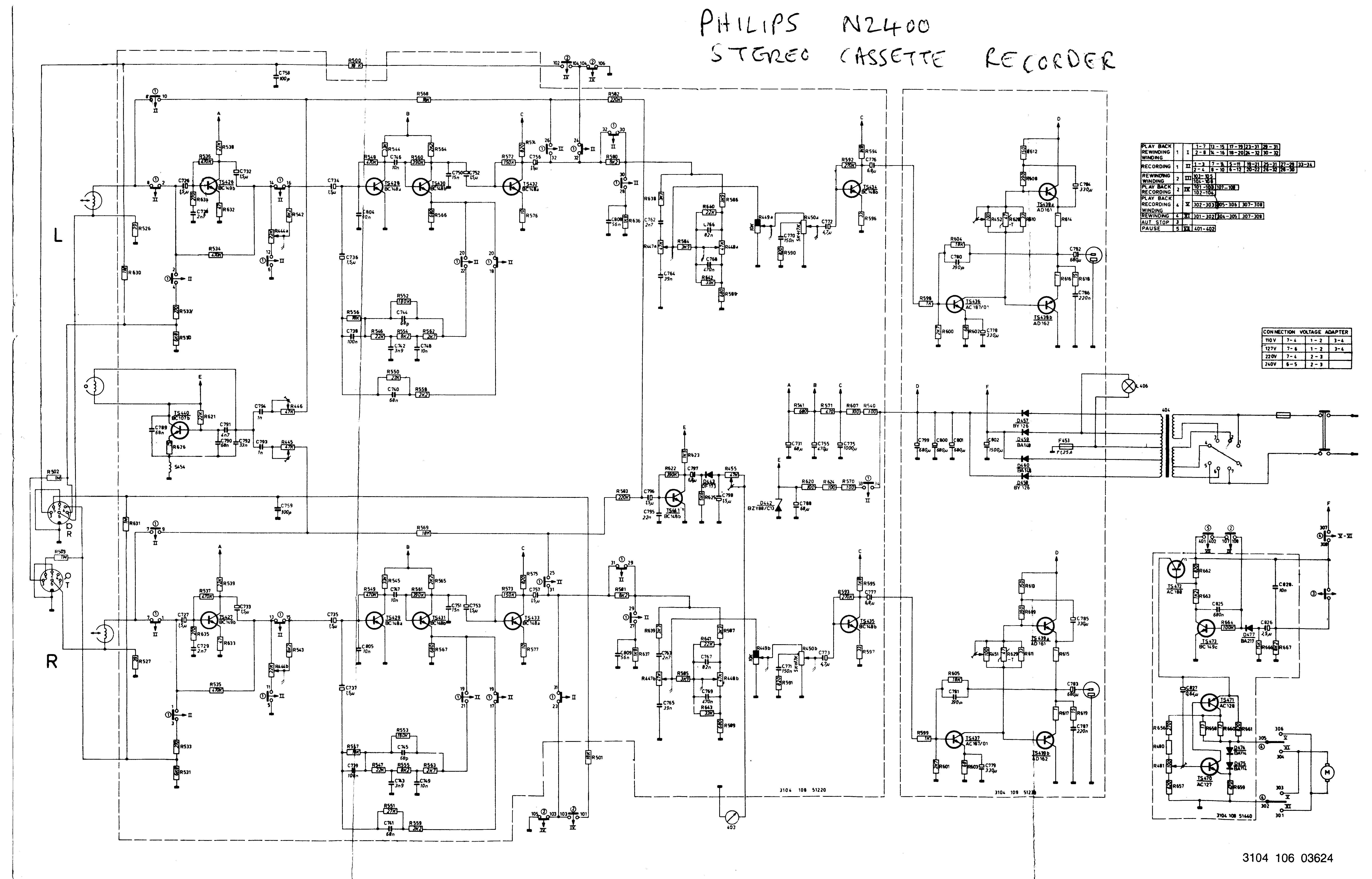   Schematic for Philips N2400 Stereo Cassette Recorder