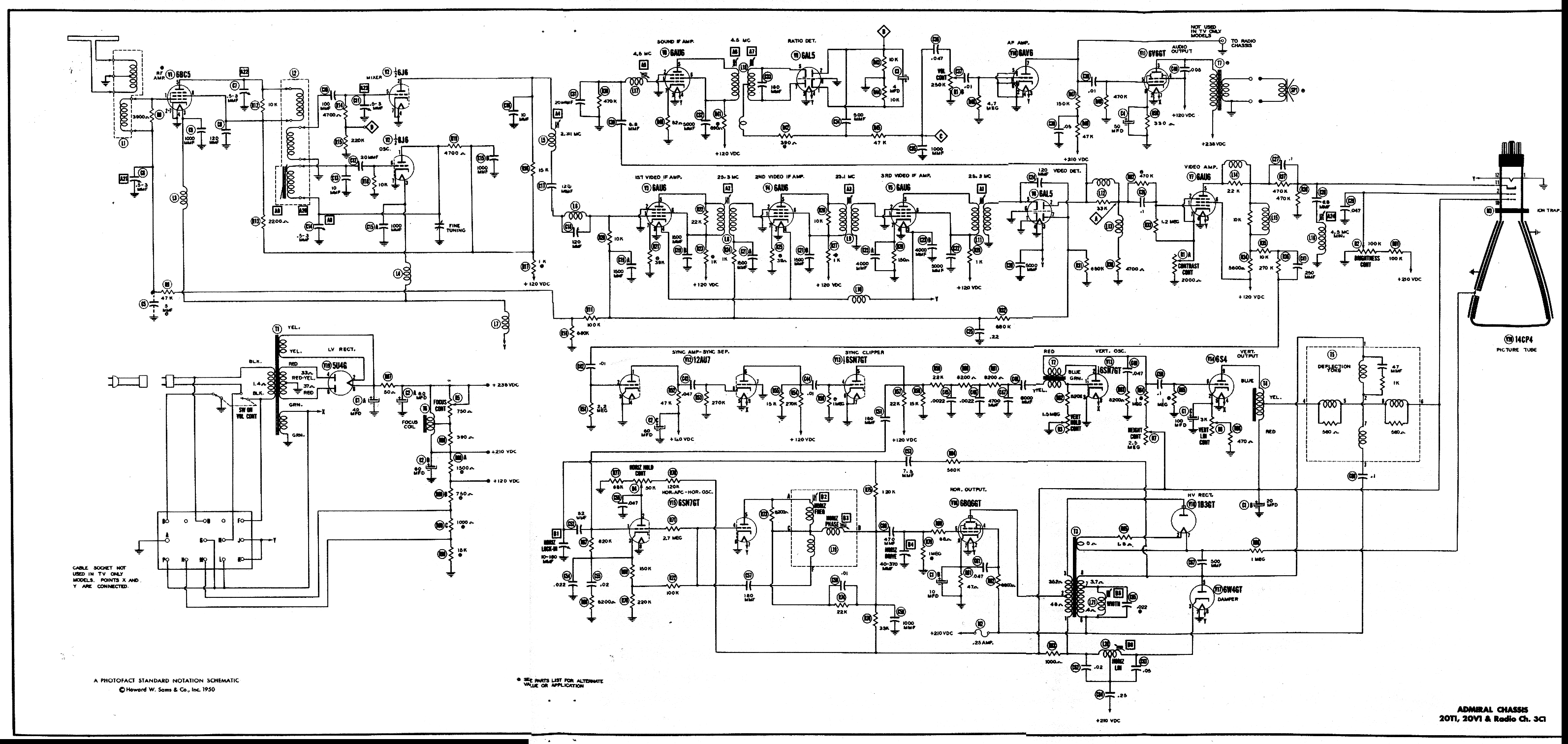 Admiral TV20T1 TV20V1 Tv 20T1 20V1 And Radio Chassis 3C1 Schematic diagram
