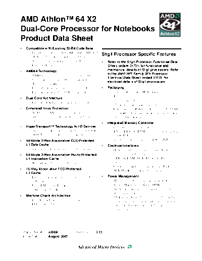 AMD Athlon 64 X2 Dual-Core Processor for Notebooks Product Brief. [rev.3.01].[2007-08]  AMD _Briefs AMD Athlon 64 X2 Dual-Core Processor for Notebooks Product Brief. [rev.3.01].[2007-08].pdf