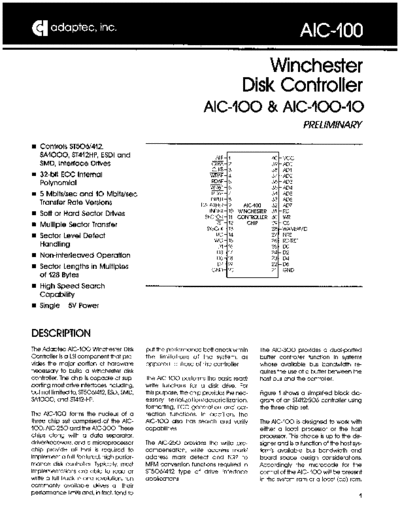 adaptec AIC-100 Winchester Disk Controller  adaptec asic AIC-100_Winchester_Disk_Controller.pdf