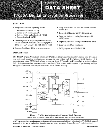 AT&T T7000A Digital Encryption Processor preliminary data sheet - Dec1986  AT&T des T7000A_Digital_Encryption_Processor_preliminary_data_sheet_-_Dec1986.pdf
