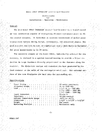 Bird BIRD 80AS1 Termaline Coaxial Load Resistor WW  Bird BIRD 80AS1 Termaline Coaxial Load Resistor WW.pdf