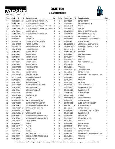 MAKITA Makita BMR100 Baustellenradio Explosionszeichnung 2010 SM  MAKITA BMR100 Makita_BMR100_Baustellenradio_Explosionszeichnung_2010_SM.pdf