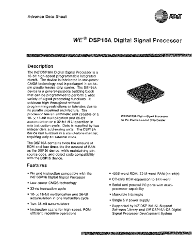 AT&T WE DSP16A Digital Signal Processor - advance data sheet - 1988  AT&T dsp WE_DSP16A_Digital_Signal_Processor_-_advance_data_sheet_-_1988.pdf