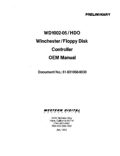 Western Digital 61-031050-0030 WD1002-05 HDO OEM Manual Jul83  Western Digital WD100x 61-031050-0030_WD1002-05_HDO_OEM_Manual_Jul83.pdf