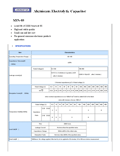 Joemaster [non-polar radial] MIN-05 Series  . Electronic Components Datasheets Passive components capacitors Joemaster Joemaster [non-polar radial] MIN-05 Series.pdf