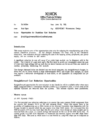 xerox 810618 Opportinities for Dandilion Cost Reduction  xerox sdd memos_1981 810618_Opportinities_for_Dandilion_Cost_Reduction.pdf