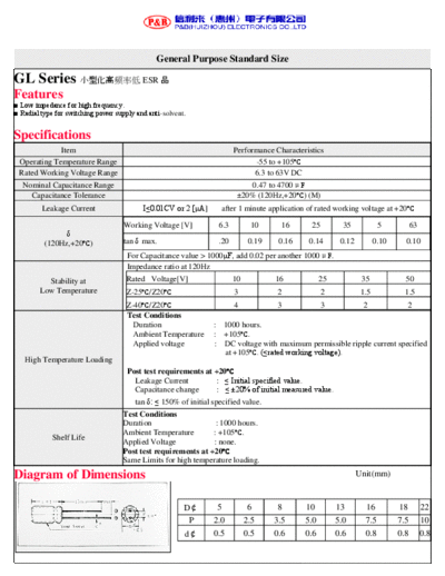 P&B [radial thru-hole] GL Series  . Electronic Components Datasheets Passive components capacitors P&B P&B [radial thru-hole] GL Series.pdf