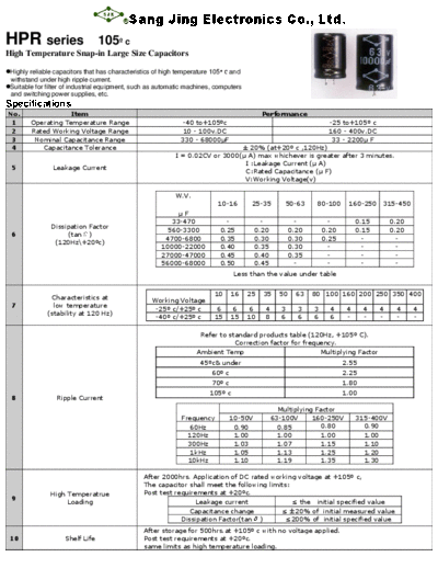 SJE [Sang Jing] SJE [snap-in] HPR Series  . Electronic Components Datasheets Passive components capacitors SJE [Sang Jing] SJE [snap-in] HPR Series.pdf