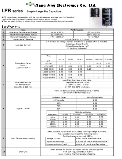 SJE [Sang Jing] SJE [snap-in] LPR Series  . Electronic Components Datasheets Passive components capacitors SJE [Sang Jing] SJE [snap-in] LPR Series.pdf