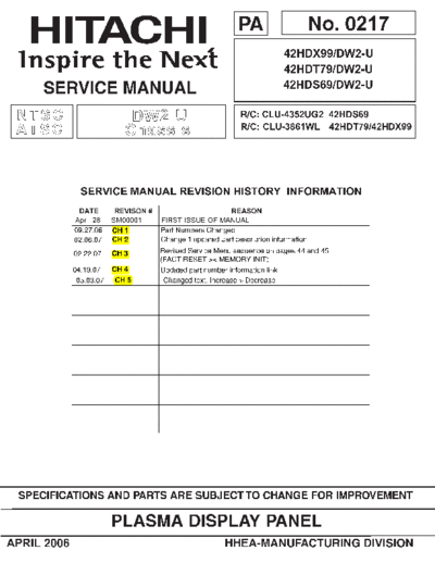 Hitachi Hitachi 42HDS69 42HDX99 42HDT79 DW2-U PA0217 [SM]  Hitachi Monitor Hitachi_42HDS69_42HDX99_42HDT79_DW2-U_PA0217_[SM].PDF