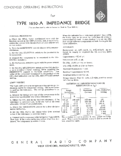 GenRad General Radio Comp 1650-A Type 1650-A Impedance Bridge  Operator Manual-IB1650A  GenRad General_Radio_Comp_1650-A_Type_1650-A_Impedance_Bridge__Operator_Manual-IB1650A.pdf