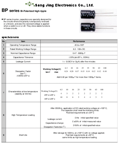 SJE [Sang Jing] SJE [bi-polar radial] BP Series  . Electronic Components Datasheets Passive components capacitors SJE [Sang Jing] SJE [bi-polar radial] BP Series.pdf