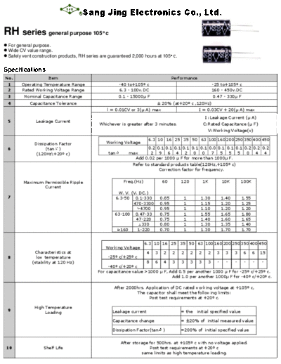 SJE [Sang Jing] SJE [radial thru-hole] RH Series  . Electronic Components Datasheets Passive components capacitors SJE [Sang Jing] SJE [radial thru-hole] RH Series.pdf