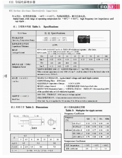 Foai [radial thru-hole] FZE Series  . Electronic Components Datasheets Passive components capacitors Foai Foai [radial thru-hole] FZE Series.pdf