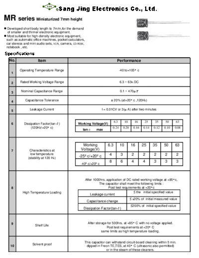 SJE [Sang Jing] SJE [radial thru-hole] MR Series  . Electronic Components Datasheets Passive components capacitors SJE [Sang Jing] SJE [radial thru-hole] MR Series.pdf