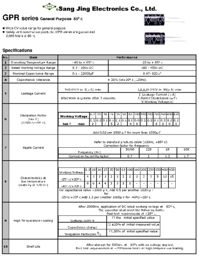 SJE [Sang Jing] SJE [radial thru-hole] GPR Series  . Electronic Components Datasheets Passive components capacitors SJE [Sang Jing] SJE [radial thru-hole] GPR Series.pdf