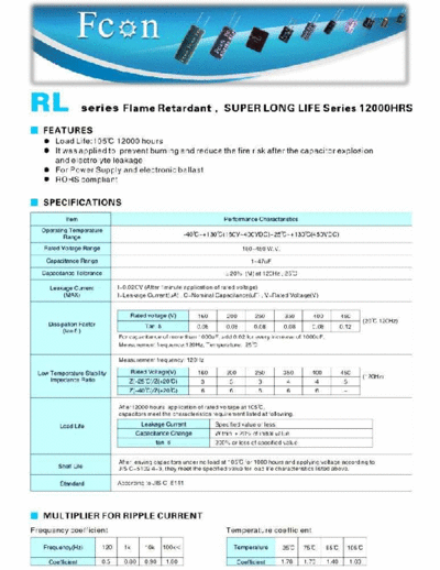 Fcon [radial thru-hole] RL Series  . Electronic Components Datasheets Passive components capacitors Fcon Fcon [radial thru-hole] RL Series.pdf