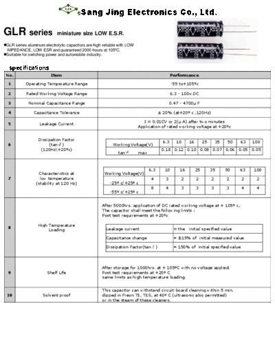 SJE [Sang Jing] SJE [radial thru-hole] GLR Series  . Electronic Components Datasheets Passive components capacitors SJE [Sang Jing] SJE [radial thru-hole] GLR Series.pdf