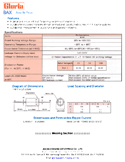 Gloria [axial bi-polar] BAX Series  . Electronic Components Datasheets Passive components capacitors Gloria Gloria [axial bi-polar] BAX Series.pdf