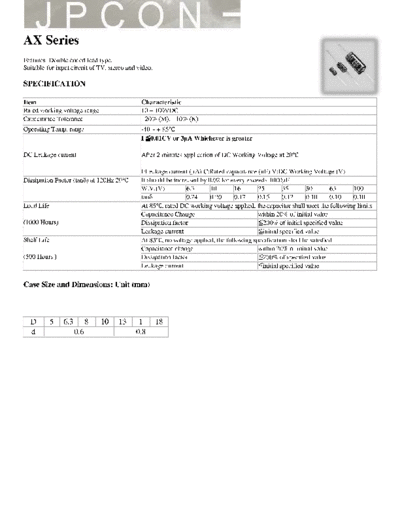 JPCON JPCON [axial] AX Series  . Electronic Components Datasheets Passive components capacitors JPCON JPCON [axial] AX Series.pdf