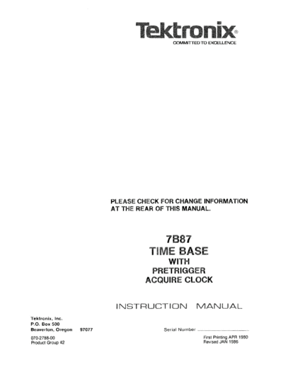 Tektronix 7B87 Time Base with Pretrigger Acquire Clock (Oscilloscope Plugin) (1986) WW  Tektronix 7B87 Time Base with Pretrigger Acquire Clock (Oscilloscope Plugin) (1986) WW.pdf