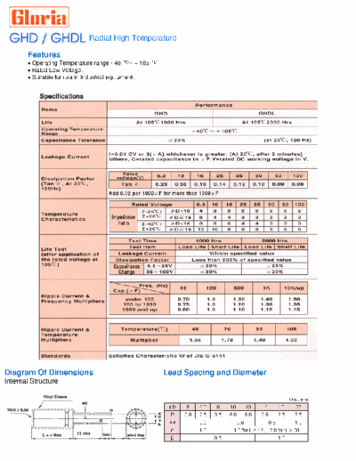 Gloria [radial thru-hole] GHD-GHDL Series  . Electronic Components Datasheets Passive components capacitors Gloria Gloria [radial thru-hole] GHD-GHDL Series.pdf