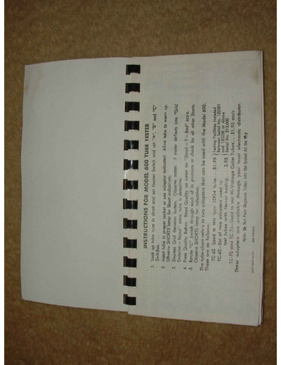 B&K bk model 600 tube tester settings  . Rare and Ancient Equipment B&K bk_model_600_tube_tester_settings.pdf