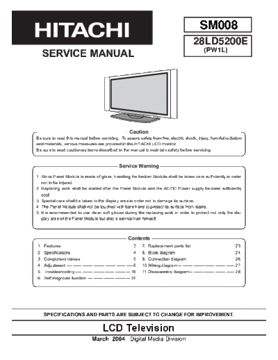 Hitachi Hitachi PW1L 28LD5200E [SM]  Hitachi Monitor Hitachi_PW1L_28LD5200E_[SM].PDF