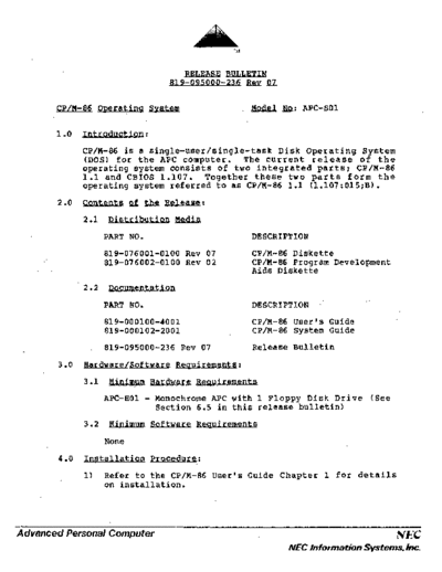 NEC 819-095000-236 R07 CPM86 Release Bulletin  NEC APC 819-095000-236_R07_CPM86_Release_Bulletin.pdf