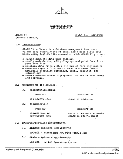 NEC 819-095000-336 dBASEII Release Bulletin  NEC APC 819-095000-336_dBASEII_Release_Bulletin.pdf