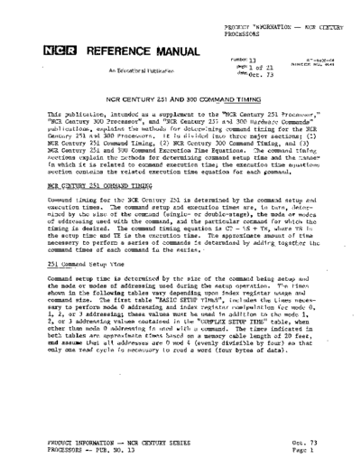 ncr 13 Century251-300hwTiming Oct73  ncr century RM-0141_Vol1_ProcRef_Apr79 13_Century251-300hwTiming_Oct73.pdf