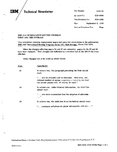 IBM C28-0304 N28-2005 TNL 1410 Generalized Sorting Program Using 1301 Disk  IBM 1410 C28-0304_N28-2005_TNL_1410_Generalized_Sorting_Program_Using_1301_Disk.pdf