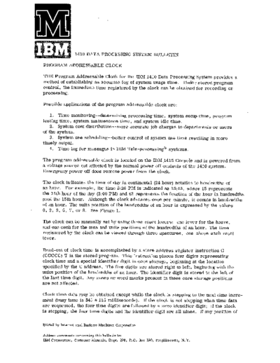 IBM G22-6654 1410 pgmAdrClock  IBM 1410 G22-6654_1410_pgmAdrClock.pdf